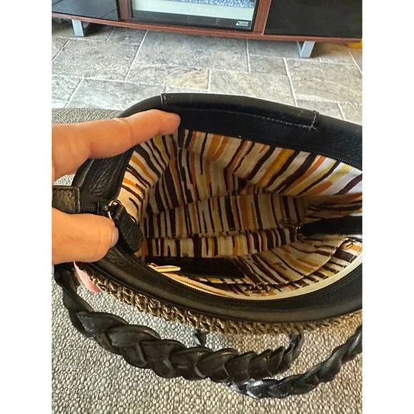 Vintage Brighton Straw Leather Heart Charm Shoulder Bag Women's Tan Black - Picture 13 of 13